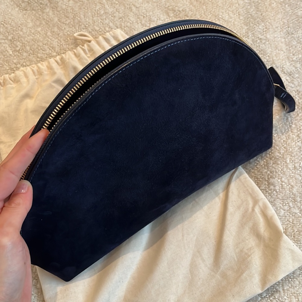 Mansur Gavriel half moon clutch navy suede.